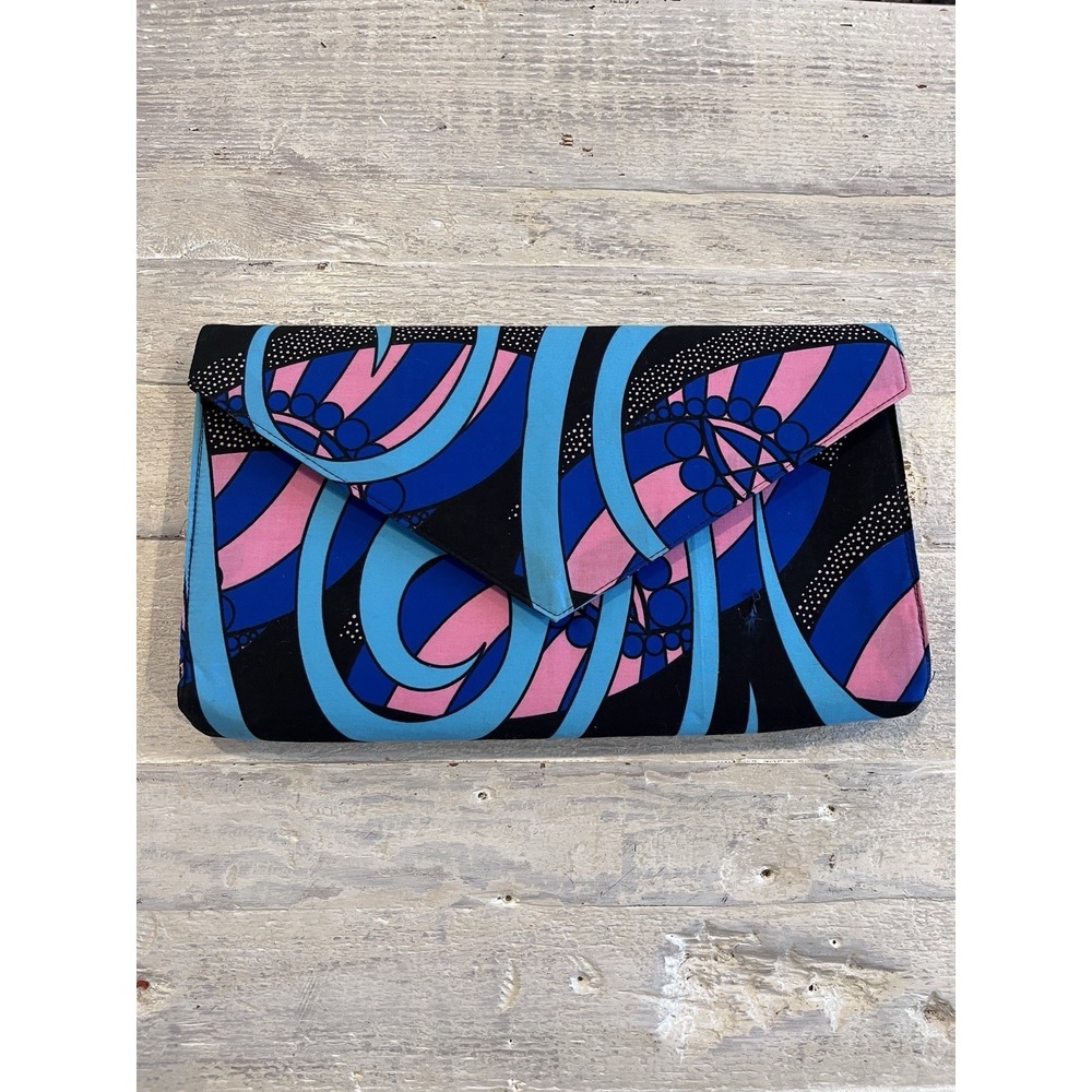 Large Blue‎ Pink Black Fabric Purse Clutch,, 13"x7" Barbie-core, 80s Accessory